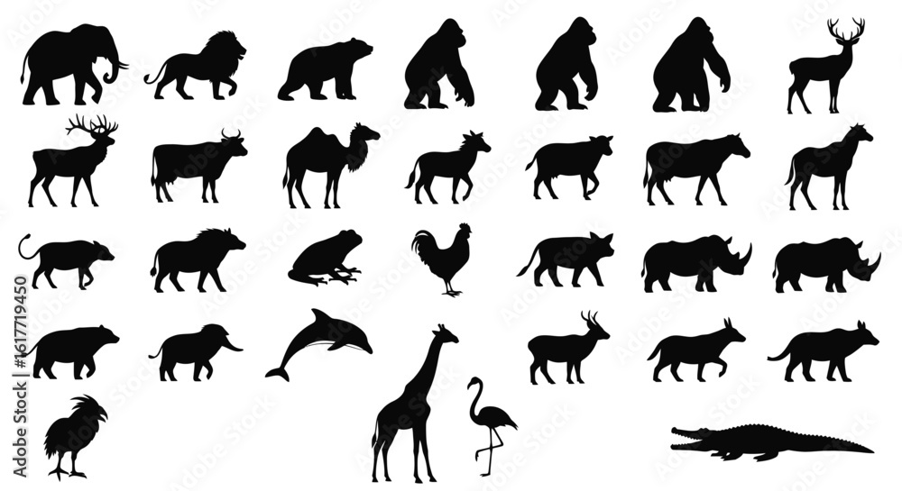 Fototapeta premium Silhouette collection of various animals including mammals birds and reptiles on white background