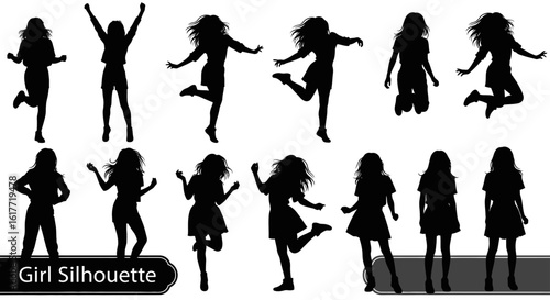 Collection of black silhouettes featuring girls in various poses on a white background