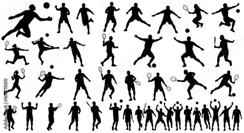 Collection of black silhouettes of athletes playing different sports on a white background