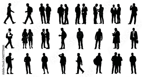 Silhouette illustration of various people in different poses and activities on a white background