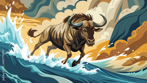 Wildebeest bravely crosses a turbulent river in a stylized landscape