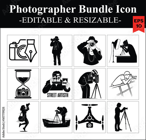 Photographer Silhouette Icon Bundle Editable Vector Design Photography Styles And Equipment