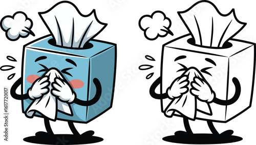 Cartoon tissue box character sneezing, flu season vector illustration, health and hygiene concept