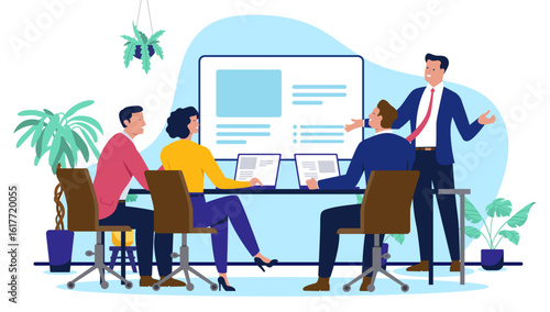 A business meeting in an office, with a team of people collaborating, discussing, and developing a new project or a strategy. Businesspeople discussing concept in flat design vector illustration