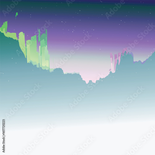 Ethereal night sky illustration with a glowing aurora borealis in purple and green hues, set against a backdrop of twinkling stars.