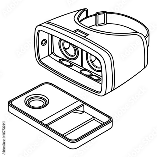 Line drawing of a virtual reality headset and its detachable front cover goggles technology