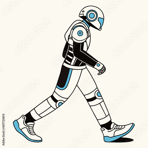 Stylized illustration of a robot walking with blue accents android cyborg