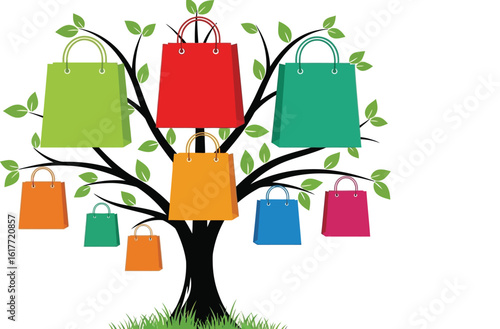 Vibrant shopping bags flourish on a stylized tree, symbolizing growth and commerce