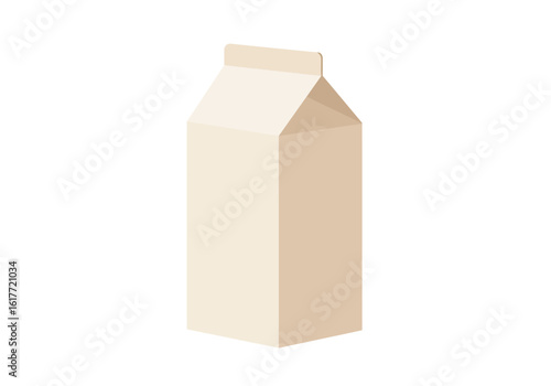 Beige carton stands upright featuring a gable top with a prominent rectangular flap