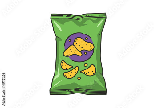 Green chip bag features yellow chips and a purple circle graphic on a white background