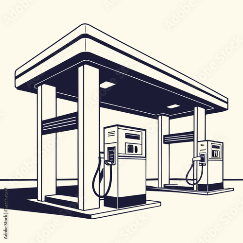 Vintage Gas Station Pumps Under Canopy With Clean Lines And Dark Blue Silhouettes petrol station fuel pump