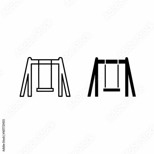 Two simple line drawings depicting children's swings, one outlined, one filled.