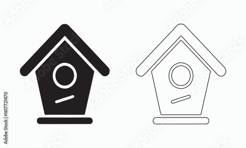 Bird home icon set. vector design template in white background. Wooden wild bird shelter home on tree symbol.
