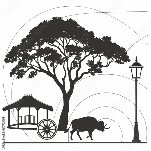 Silhouette of a large tree a bull a gazebo on a cart and a lamppost with concentric circles nature animal