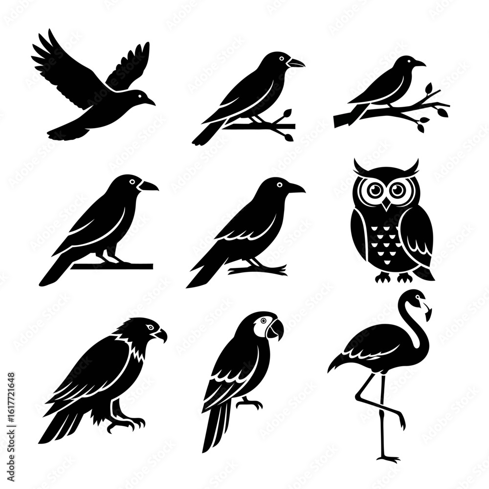 Obraz premium Set of bird silhouettes. Vector icon collection of wild birds including crow, raven, owl, eagle, parrot, and flamingo.