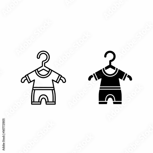 Two baby romper icons, one outlined and one solid black, hanging from hangers.