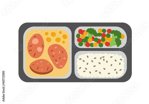 A partitioned tray holds sausage with peas rice with black grains and a vegetable mix