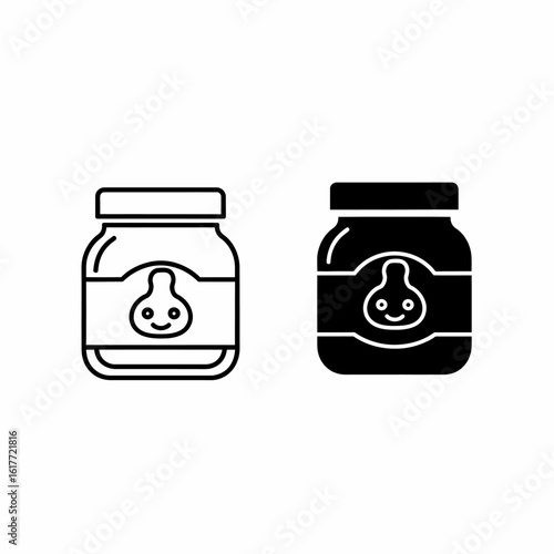 Two outlined glass jars of baby food, one in black and one in white, featuring a smiling bulbous label.