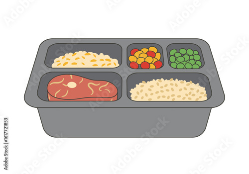 Food tray with meat rice mixed veggies and peas in separate compartments
