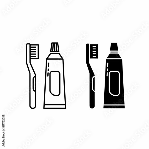 A minimalistic illustration showcasing a toothbrush and toothpaste tube, rendered in two different styles.
