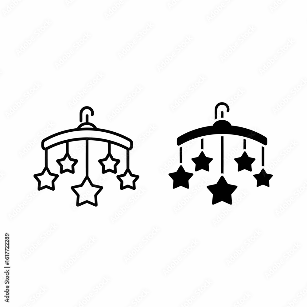 Fototapeta premium Two minimalist illustrations of a baby mobile featuring hanging star shapes.