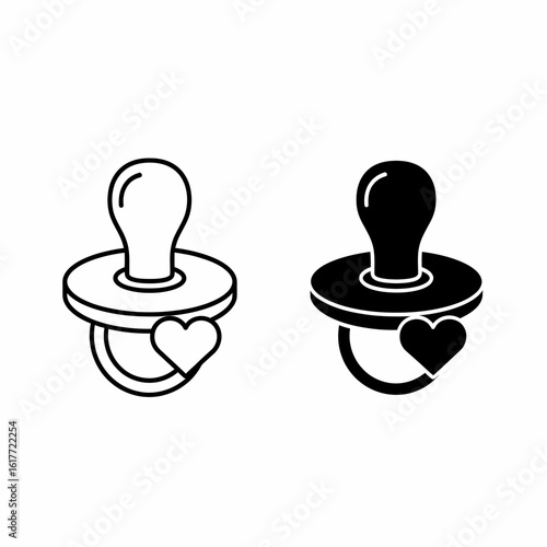 A pair of baby pacifiers, one outlined and one filled, each adorned with a small heart.