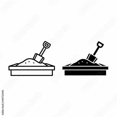 Sandpit with shovel, line art icon, two variations, black and white.