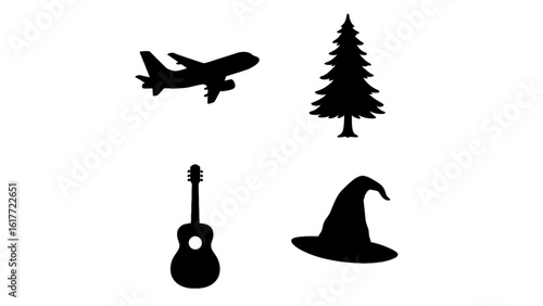 Collection of icons including an airplane, tree, guitar, and hat isolated on white background