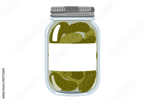 Jar of pickles with a blank white label sealed with a gray lid