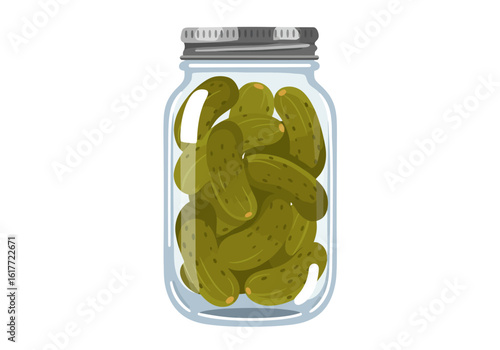 A jar filled with whole green pickles topped with a grey lid