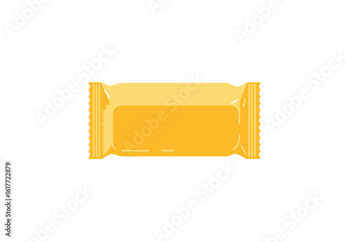 Yellow rectangular snack package with crimped ends sealed and ready to eat
