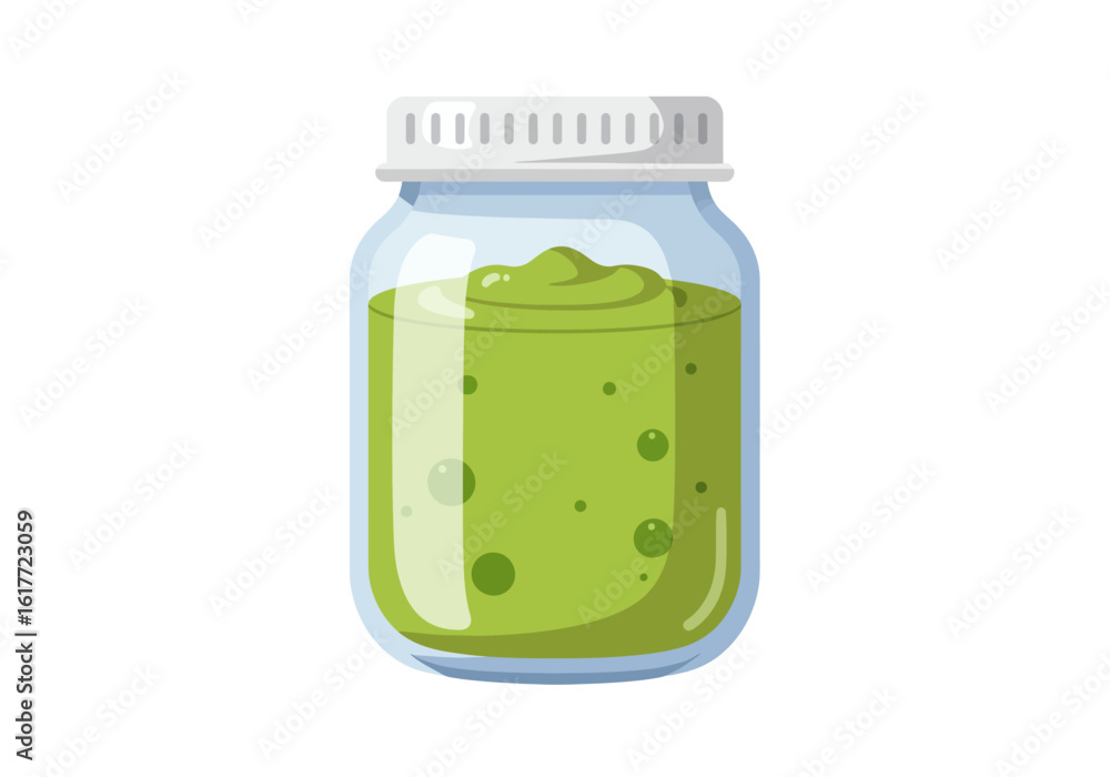 A glass jar filled with green textured substance and a white ribbed lid A glass jar filled with green textured substance and a white ribbed lid