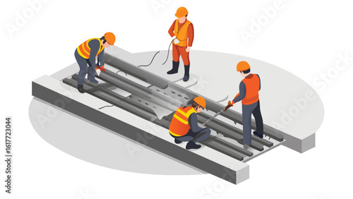 Workers in safety vests and hard hats repairing or installing metal bars on a concrete structure deck