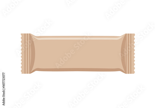 A tancolored rectangular snack bar wrapper with crimped ends centered on a white background