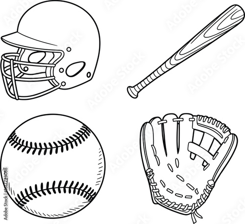 Baseball equipment vector sketch, helmet, bat, glove, ball illustration, sports gear for player training, game, coaching, athletic design