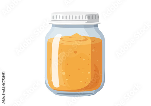 A jar filled with orange food sealed with a white lid