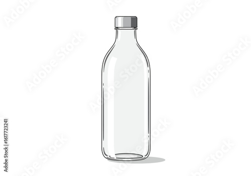 A tall transparent bottle with a silver cap stands on a white surface casting a subtle shadow