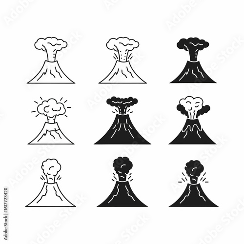 Simple black and white illustrations of erupting volcanoes, showing different stages of volcanic activity.