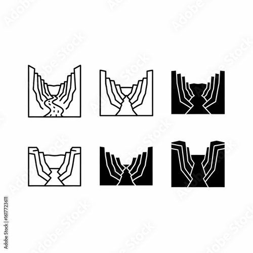 Four variations of a stylized canyon or gorge illustration, showcasing a path or river winding through.