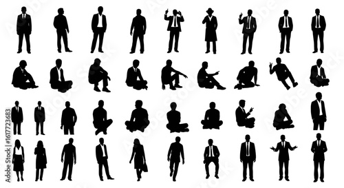 A collection of diverse silhouette figures in various poses standing and sitting on a white background