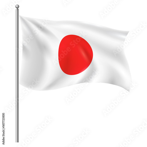 Waving Japanese Flag on Flagpole – National Flag of Japan with Red Circle on White Background