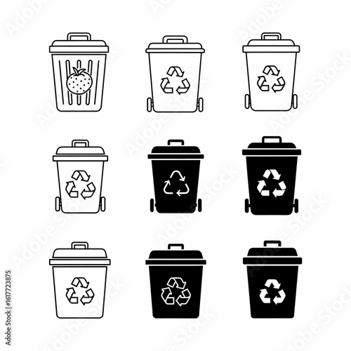 A collection of various trash cans with recycling symbols, in black and white.