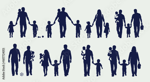 Silhouette illustration showing various family structures walking and holding hands together