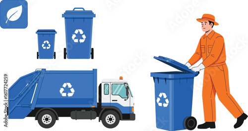 Dedicated sanitation worker expertly manages waste with modern recycling truck and bins