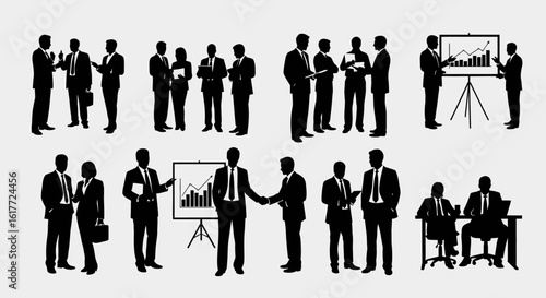 Business Silhouette Collection: An ensemble of professional figures engaged in a variety of business activities. Illustrating the essence of collaboration.