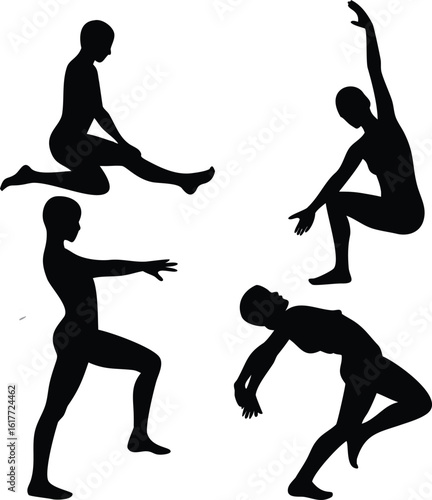 Meditative and Dynamic Gym Silhouette Collection – Vector Illustration Group Set of Women in Elegant Yoga Poses Including Meditation, Walking style, and Exercises in Minimalist background