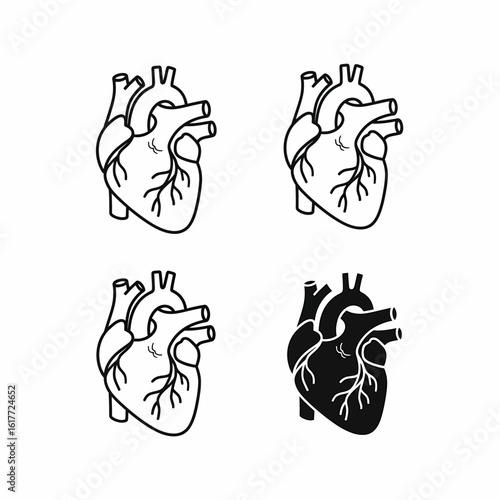 Four heart illustrations, three in outline and one in solid black, arranged in a square formation.