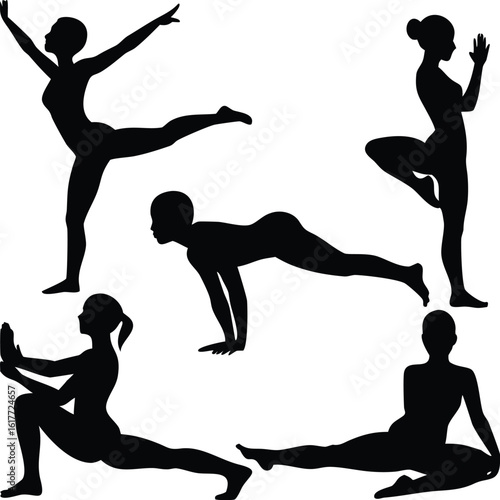 Meditative and Dynamic Gym Silhouette Collection – Vector Illustration Group Set of Women in Elegant Yoga Poses Including Meditation, Walking style, and Exercises in Minimalist background