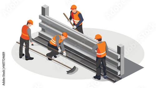 Isometric view of construction workers installing a metal structure with safety gear on a white surface
