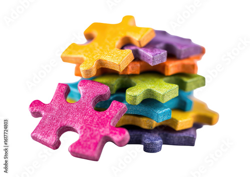 A stack of colorful wooden jigsaw puzzle pieces